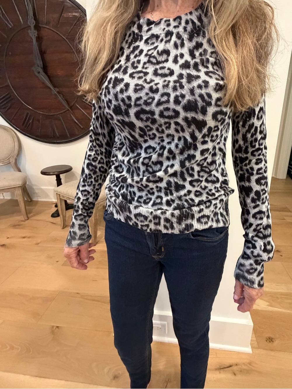 Leopard Print Crewneck Sweater - Black & White
